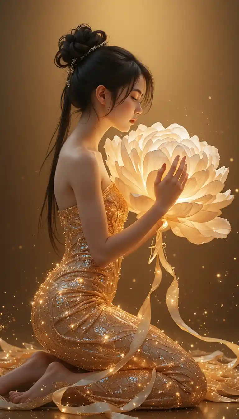 Girl in gold dress embracing a glowing giant peony