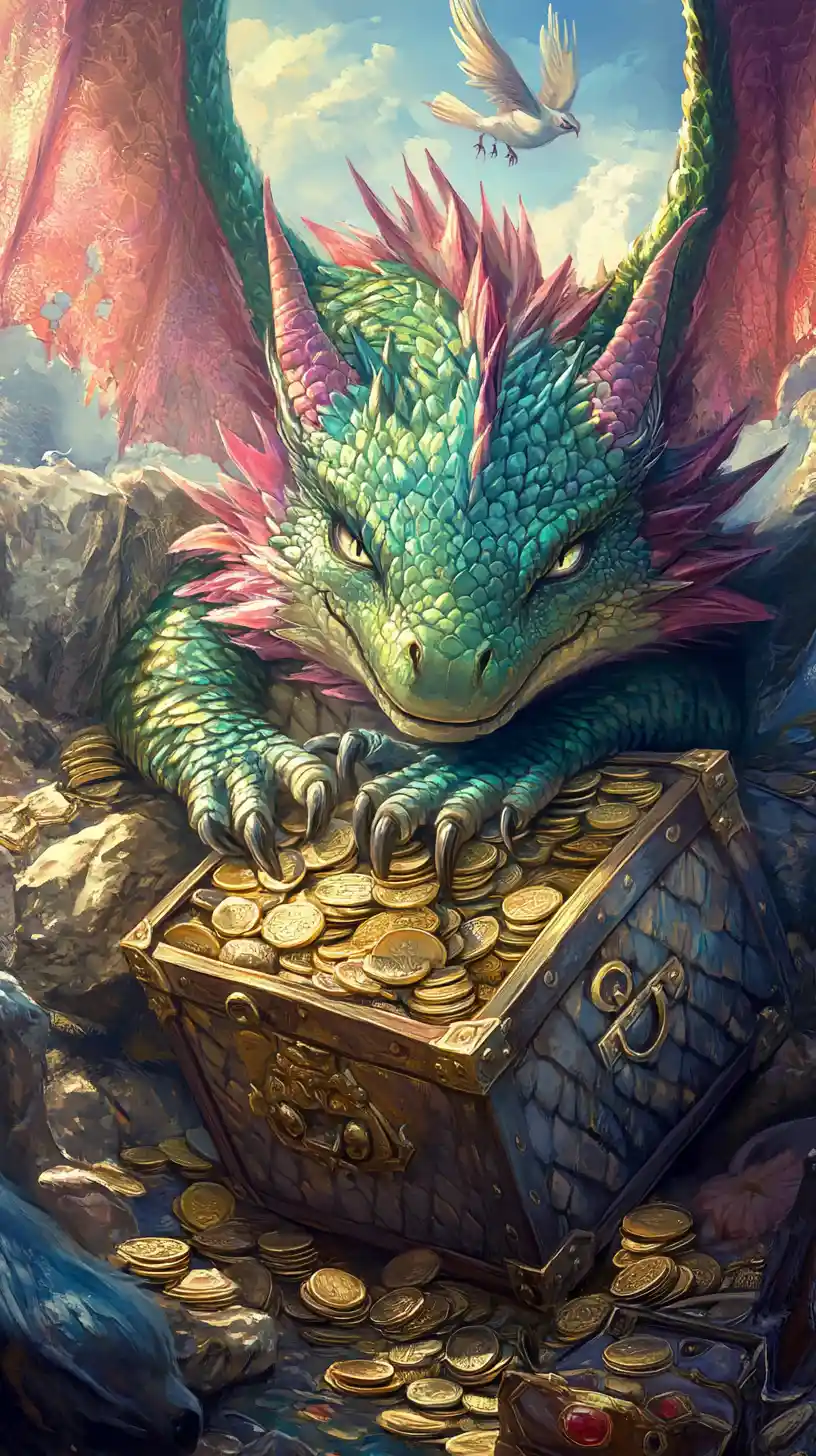 Dragón de dibujos animados pacífico durmiendo sobre un tesoro