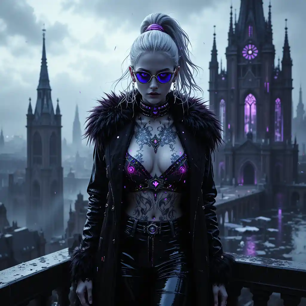 Femme fatale on flooded cathedral rooftop above drowned city