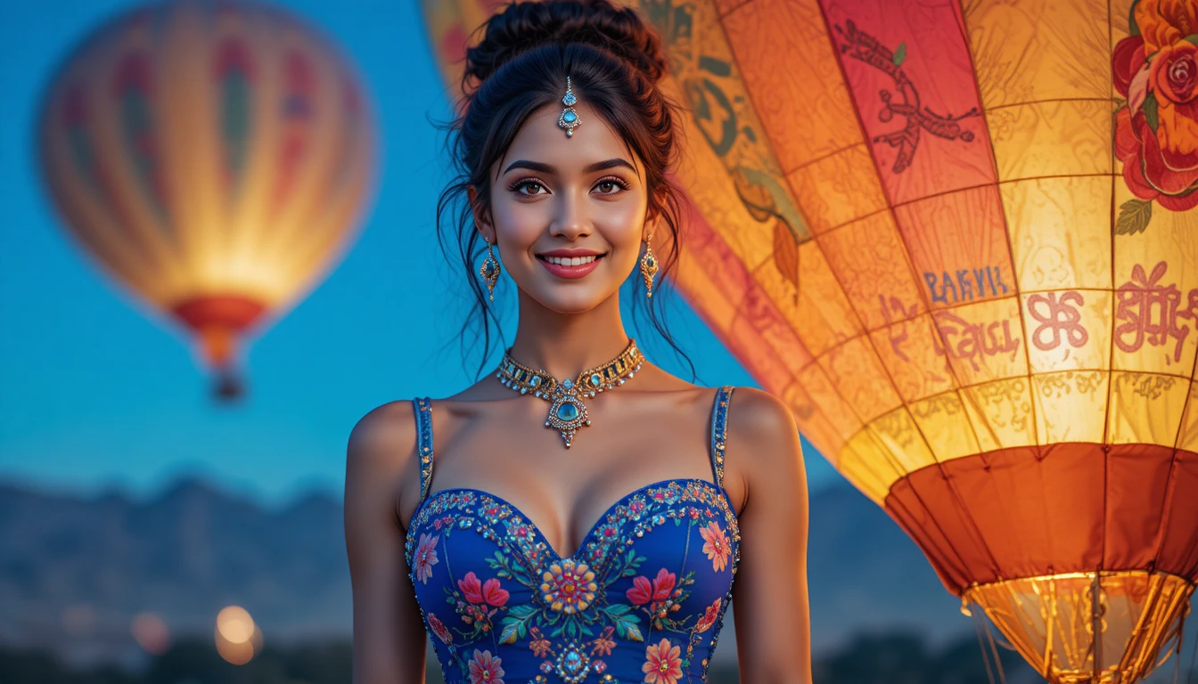 Joyful Indian girl in embroidered blue dress portrait