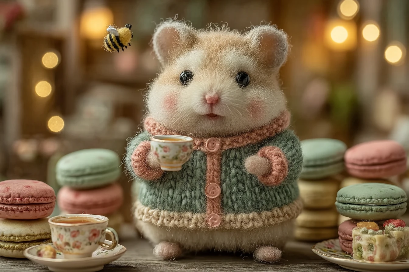 かわいいハムスターとマルハナバチのティーパーティーが開かれる居心地のいいコテージ