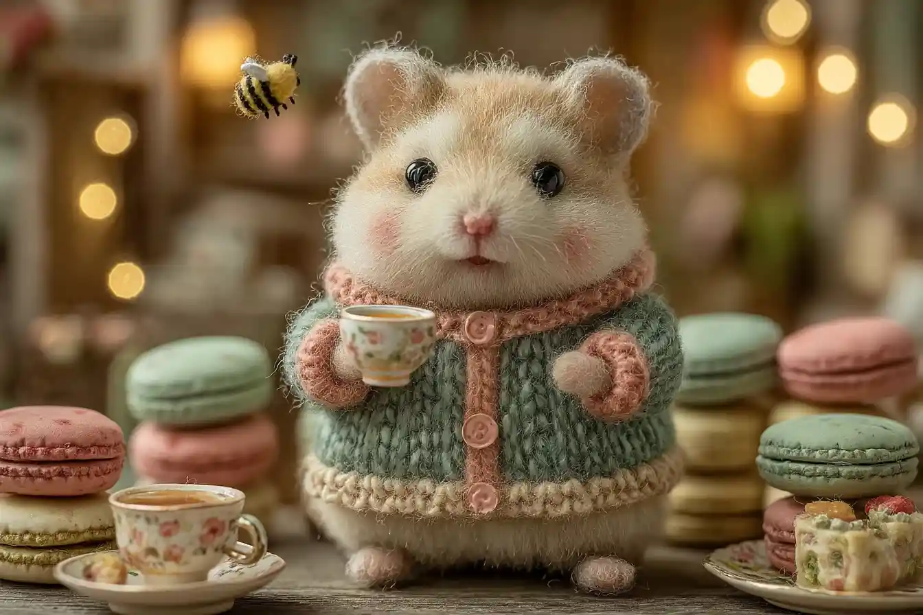 Süße Hamster-Teeparty mit Hummel im gemütlichen Cottage