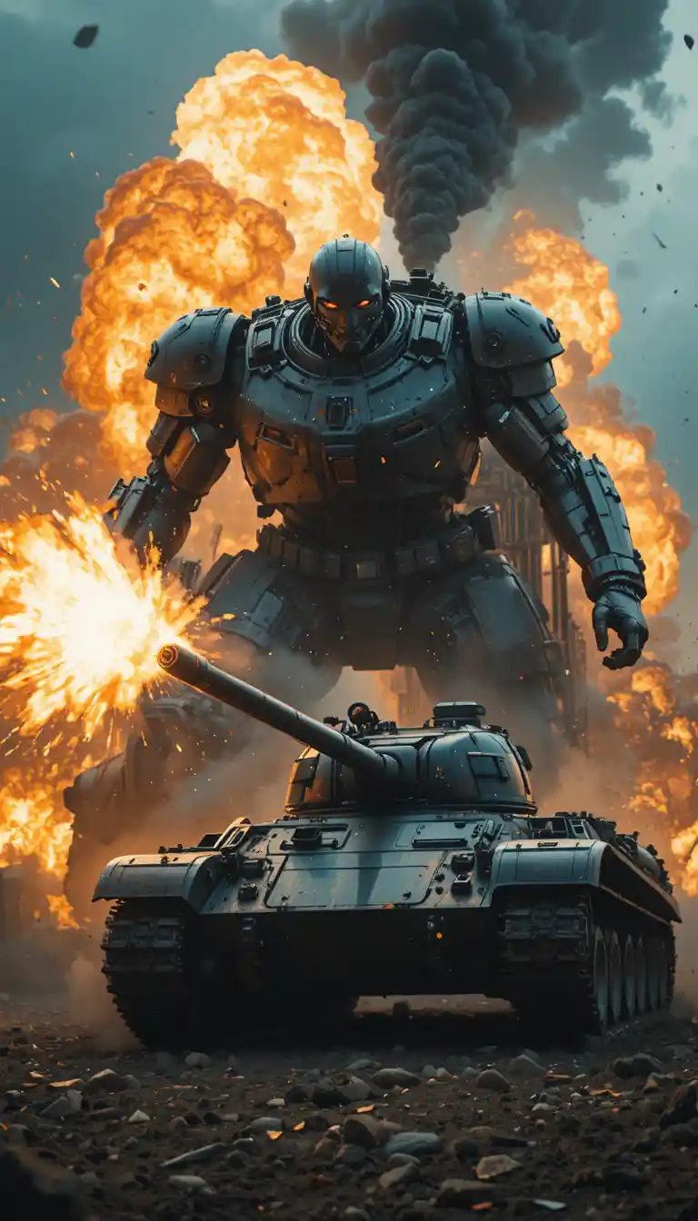 Robot punching tank in a dramatic cinematic explosion scene
