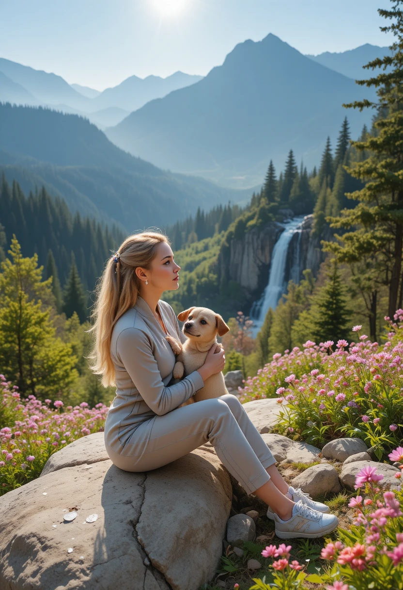 Girl with puppy in sunny Polish mountain spring