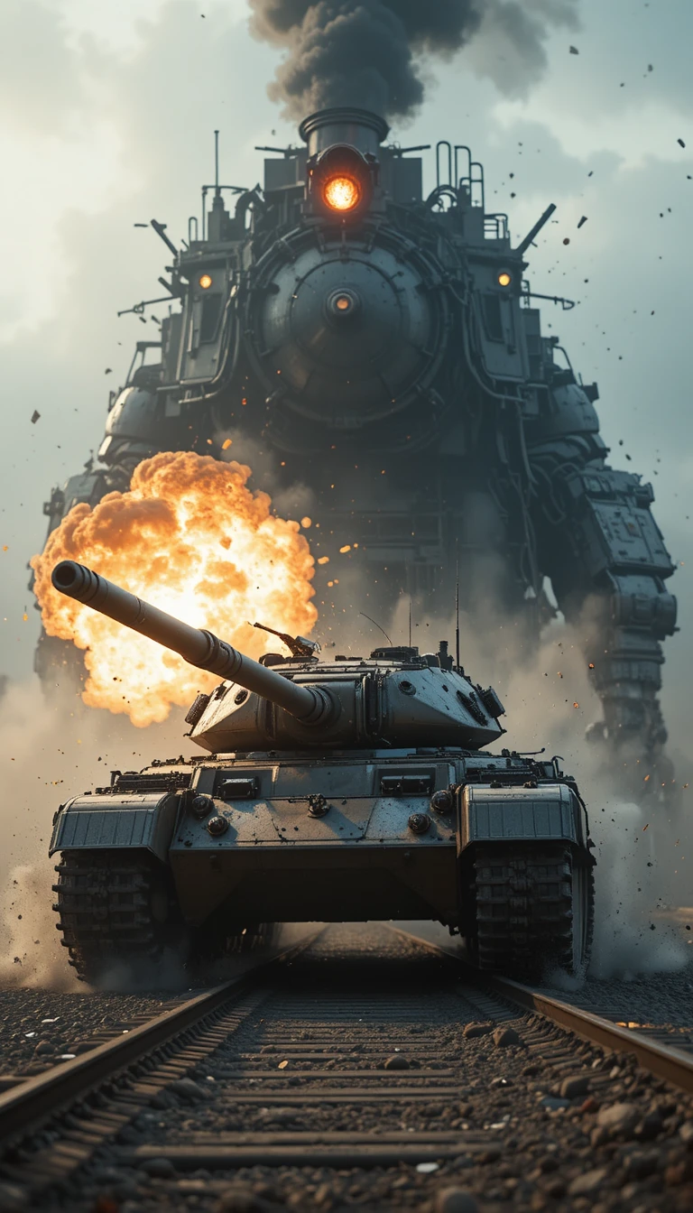 Robot punching tank in a dramatic explosive battle scene