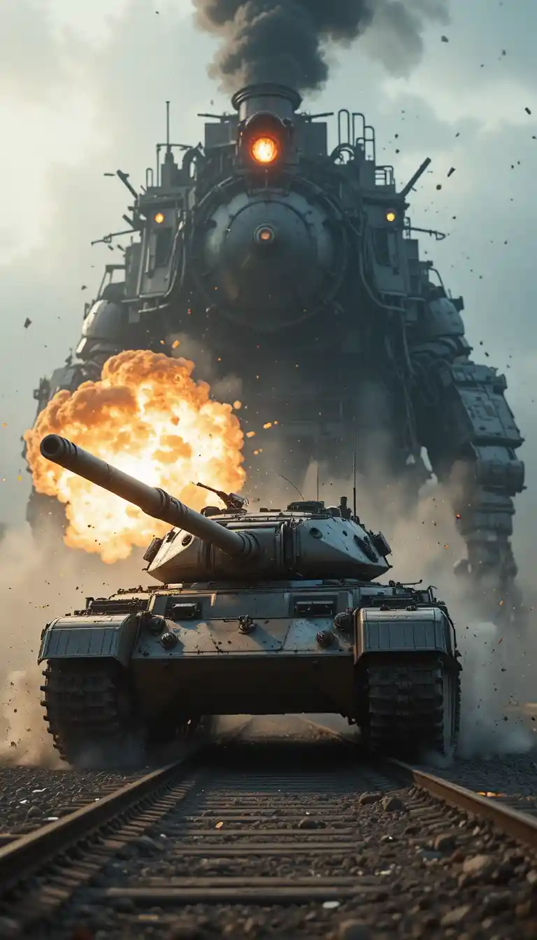 Robot punching tank in a dramatic explosive battle scene