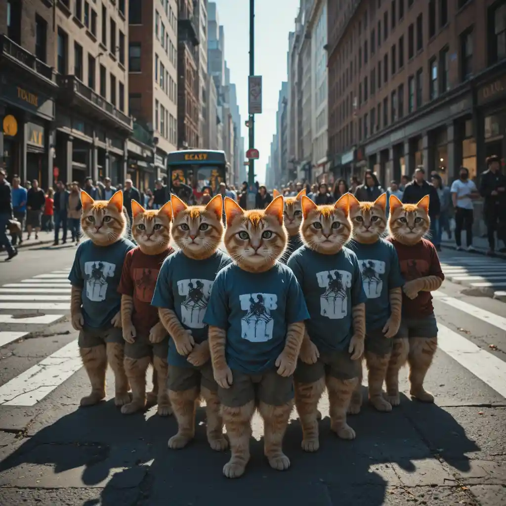 Cat gang standing on a New York street corner