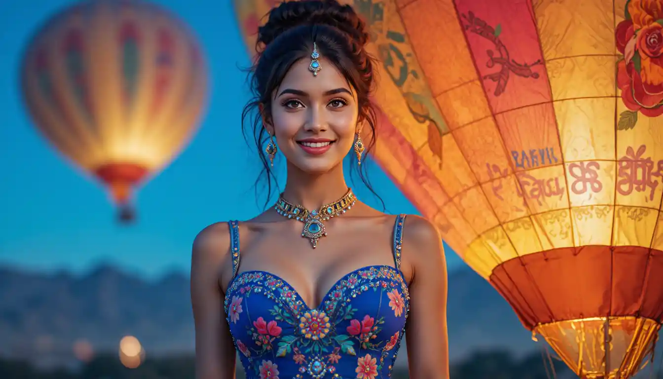 Joyful Indian girl in embroidered blue dress portrait