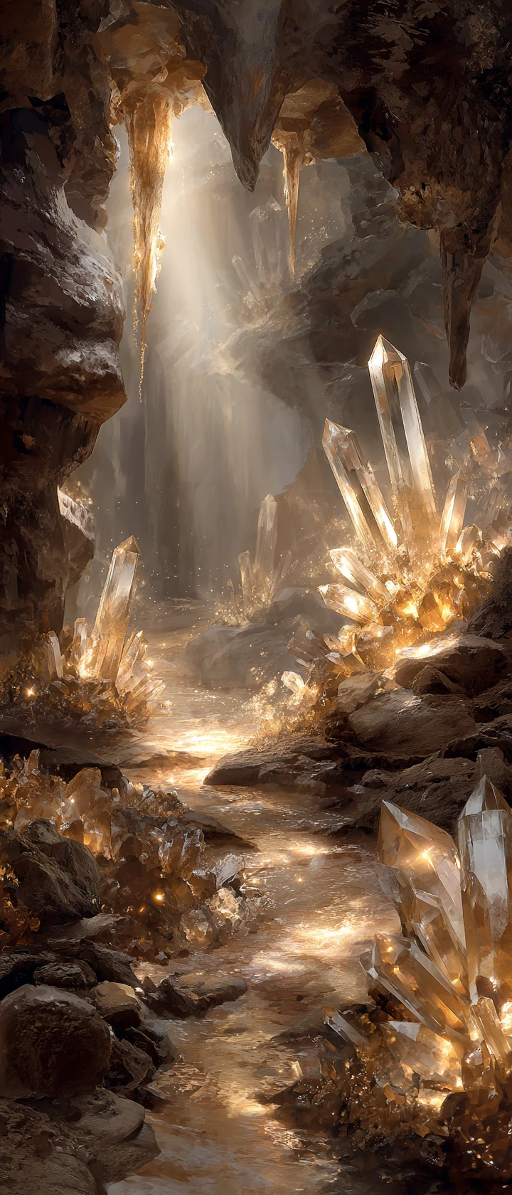 Guerrera de cabello platino en una cueva de cristal luminosa