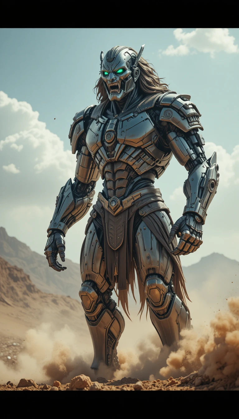 Giant humanoid warrior smashing mountains in a dusty landscape