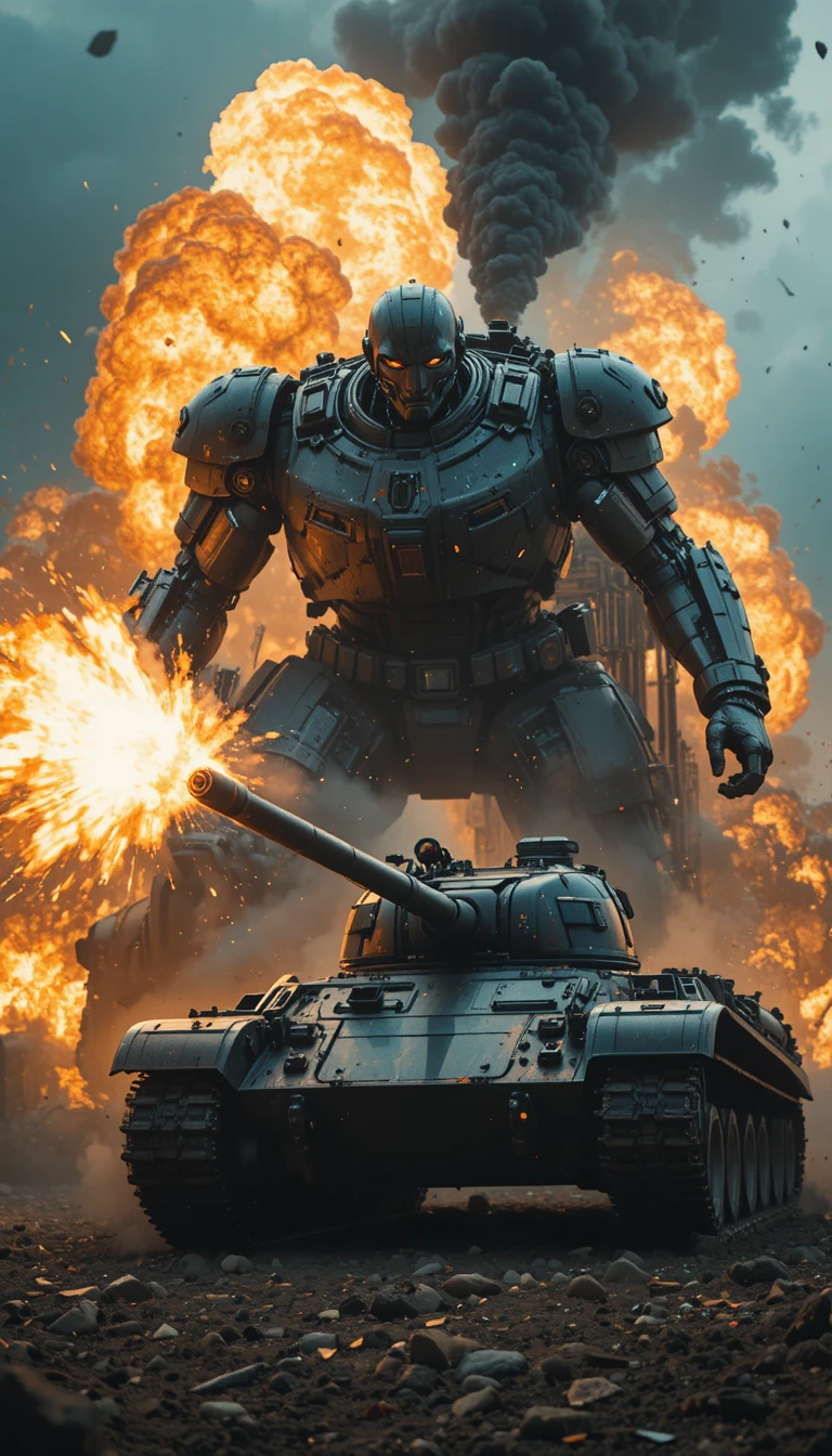 Robot punching tank in a dramatic cinematic explosion scene
