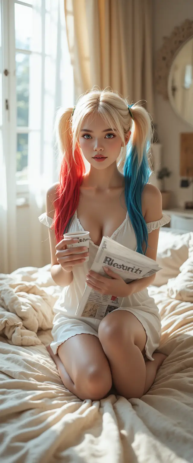 햇살이 비치는 침대에 앉은 알록달록한 양갈래 머리 소녀