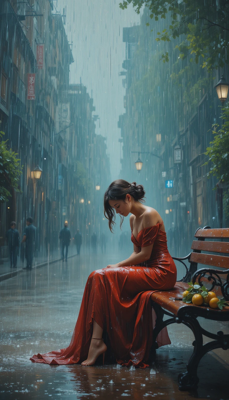 Woman In Red Dress Sitting On Bench In Heavy Rain