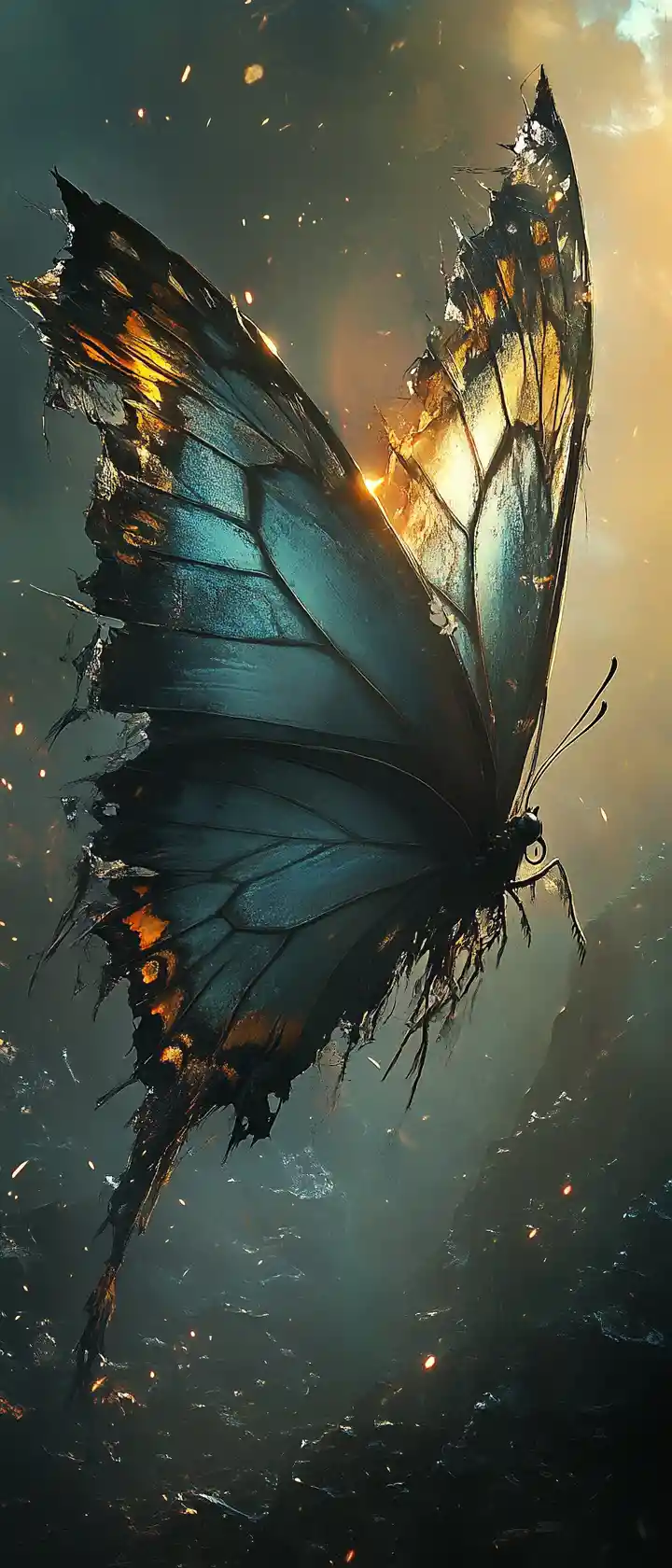 Zerfledter, durchscheinender Schmetterling steigt gegen einen dunklen Himmel auf