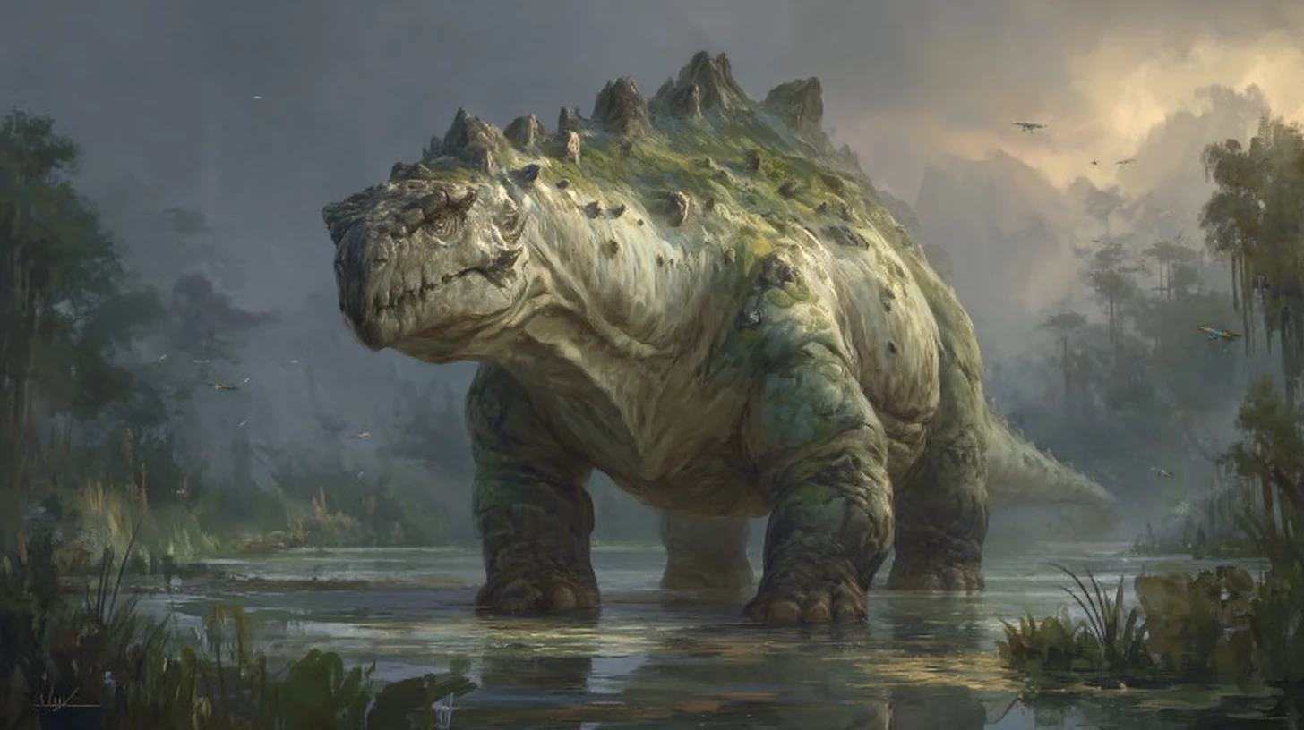 Giant sauropod dinosaur wading through a misty primeval swamp