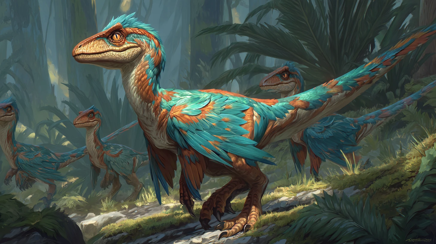 Colorful feathered velociraptors hunting in a fern forest