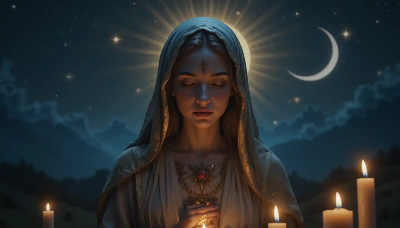Virgin Mary in peaceful moonlit night with candles below