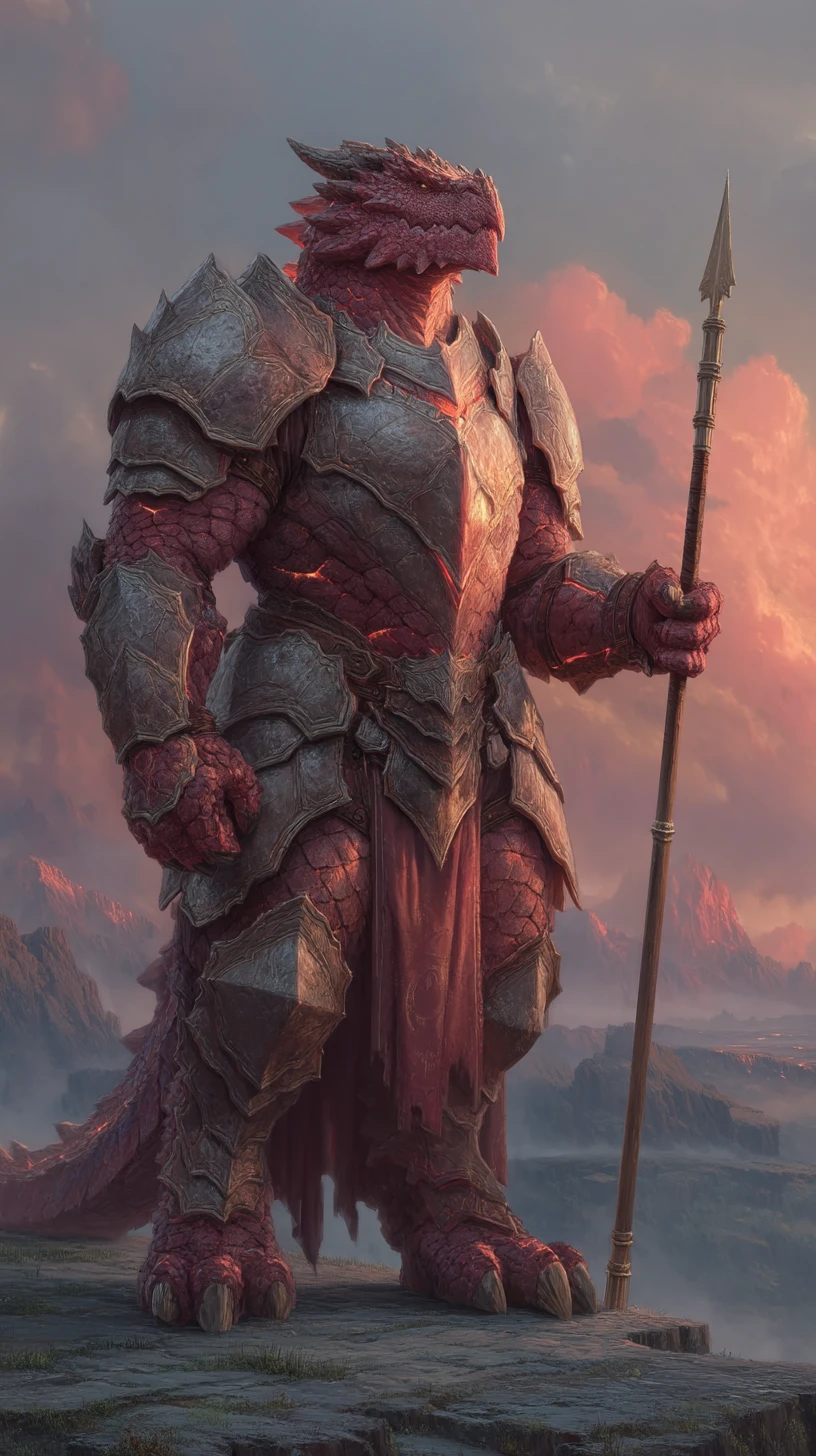 Dragon warrior on obsidian cliff above glowing volcanic landscape