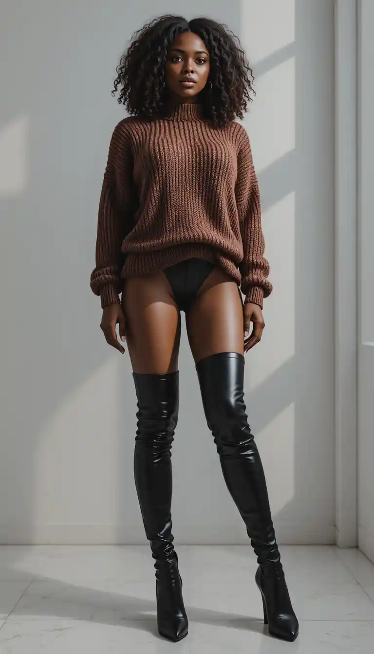 Tall black woman in high heel boots and sweater