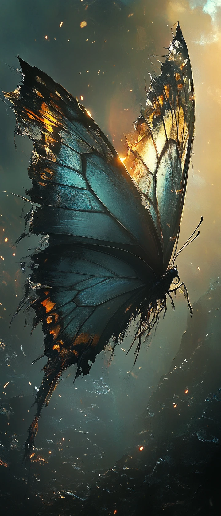 Tattered translucent butterfly rising against a dark sky