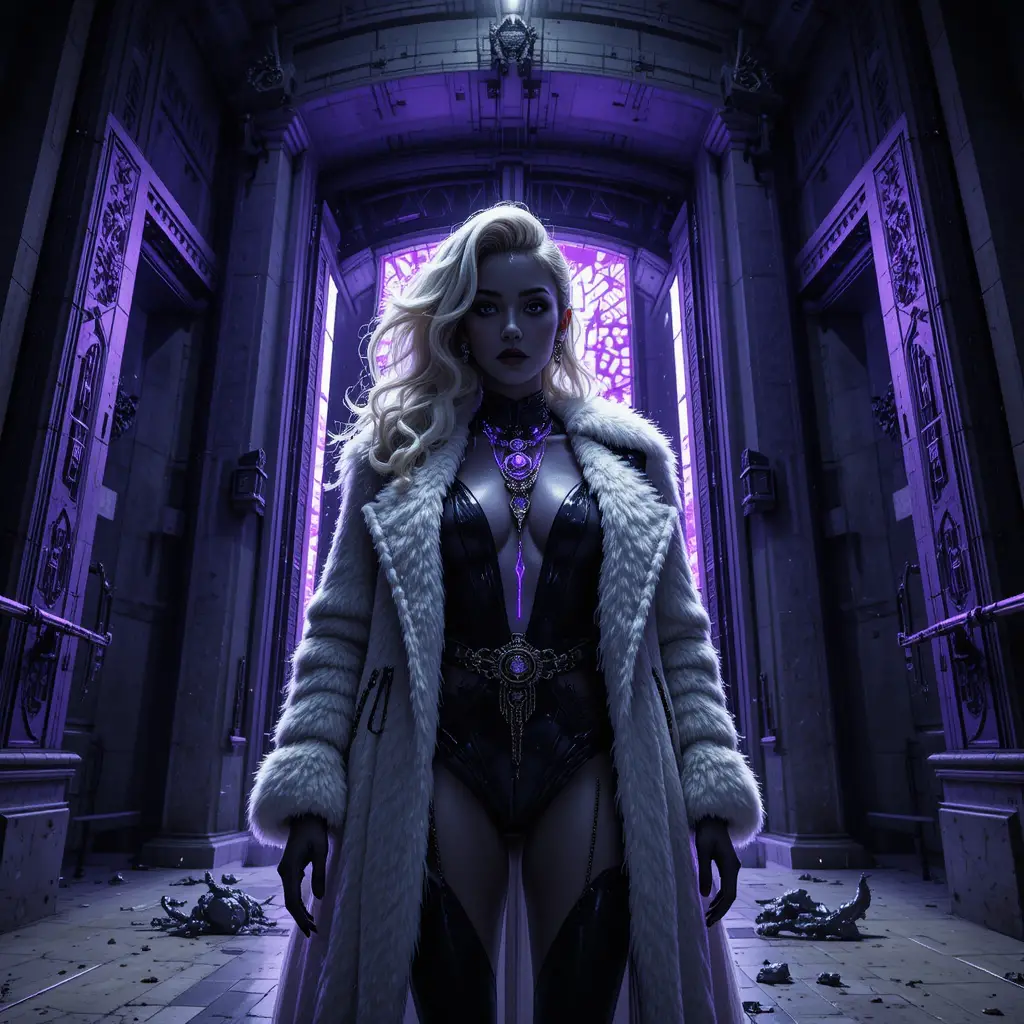 Noir cyberpunk femme fatale in monumental opera entrance