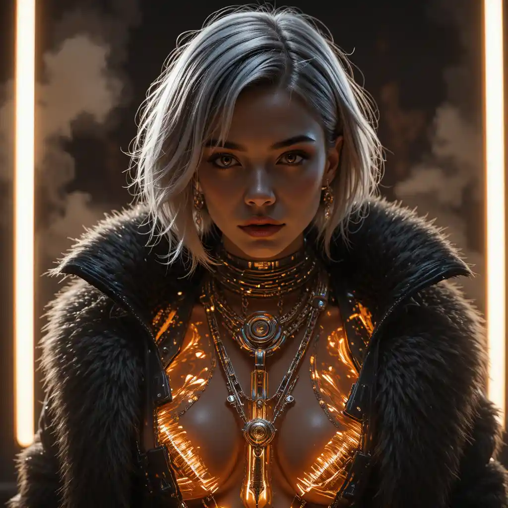 Monochrome femme fatale portrait with glowing cyber tattoos