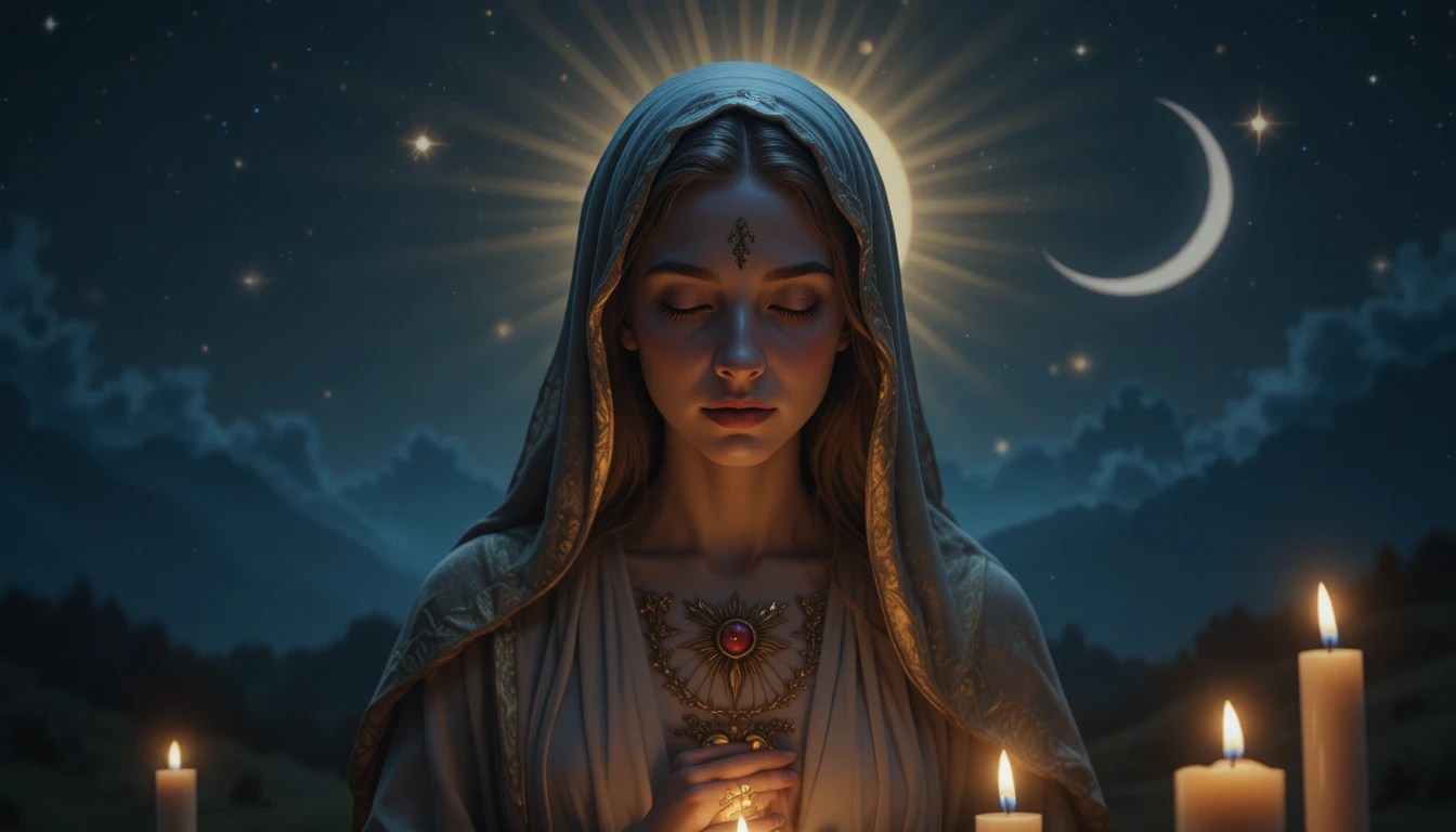 Virgin Mary in peaceful moonlit night with candles below