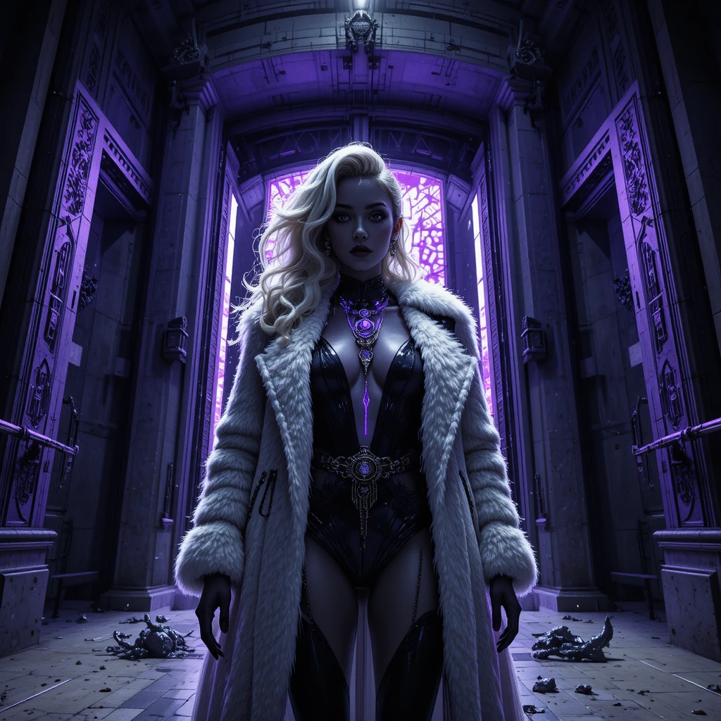 Noir cyberpunk femme fatale in monumental opera entrance