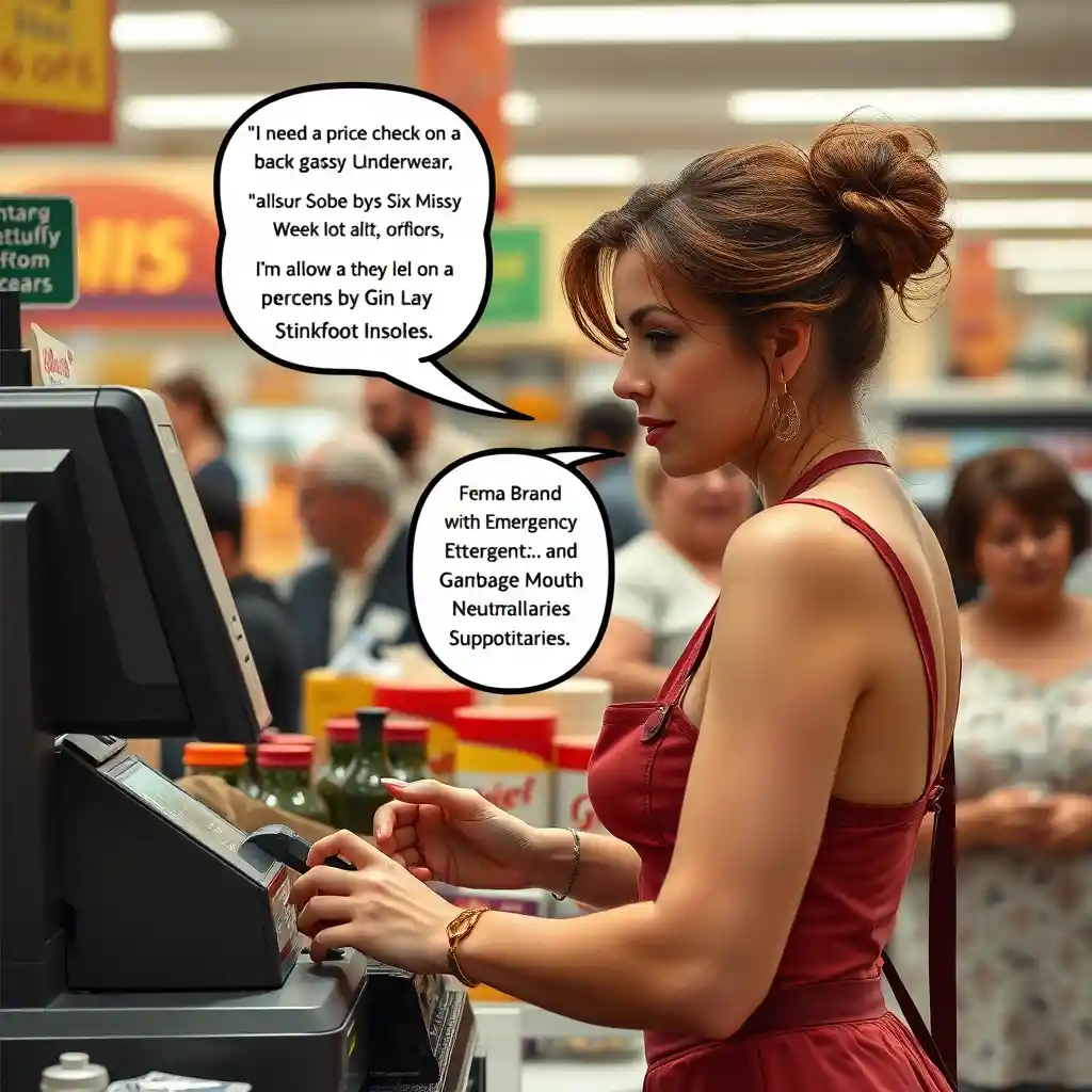 Glamorous cashier on intercom at busy supermarket checkout