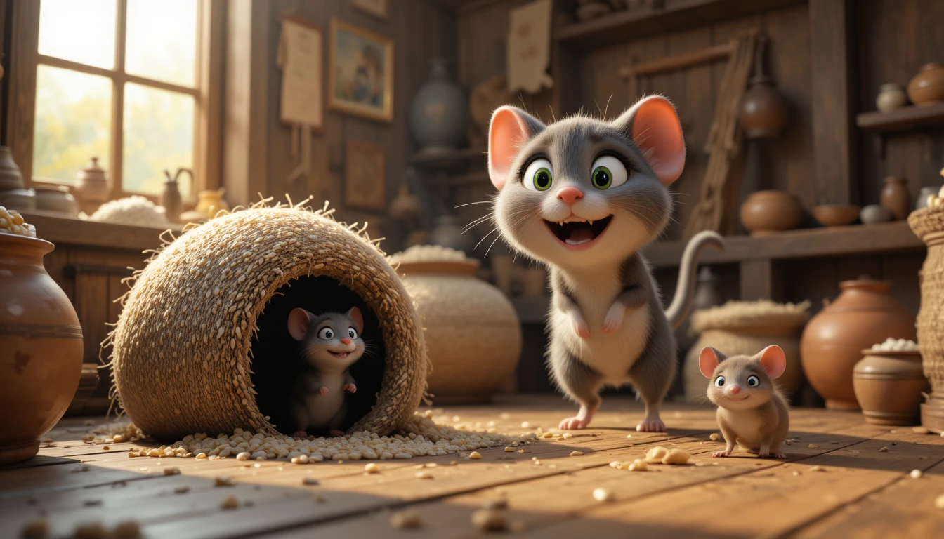 Playful cat and mouse in a cozy village kitchen