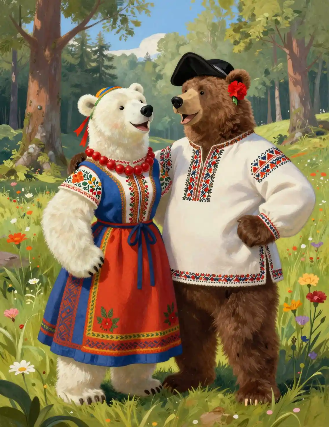 Joyful bear couple in a Slavic fairytale forest