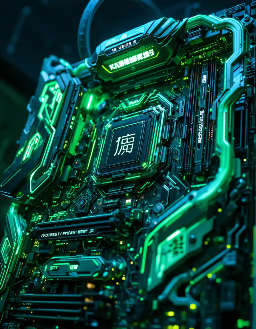 Futuristic close up of neon lit motherboard with kanji