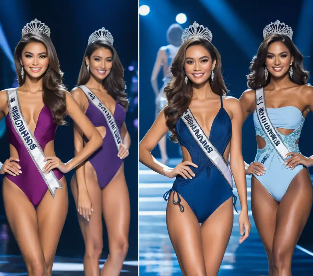 Confident asian woman in purple swimsuit on pageant stage