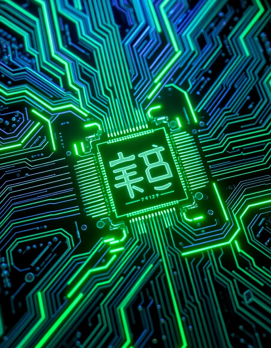 Futuristic Close Up Circuit Board With Neon Green Processor