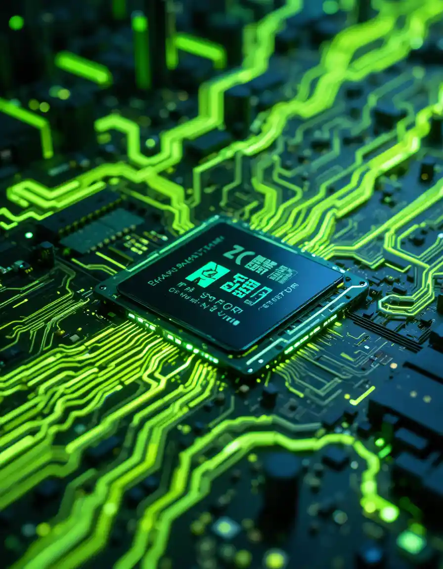 Futuristic macro view of neon lit circuit board processor