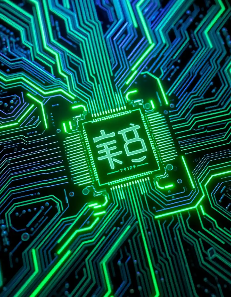 Futuristic Close Up Circuit Board With Neon Green Processor