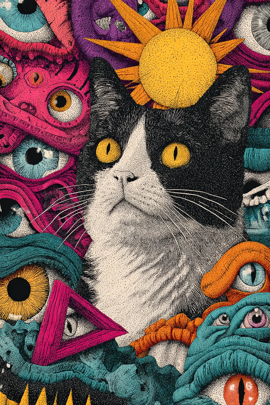Retrato psicodélico de gata tricolor con ojos y rostros surrealistas