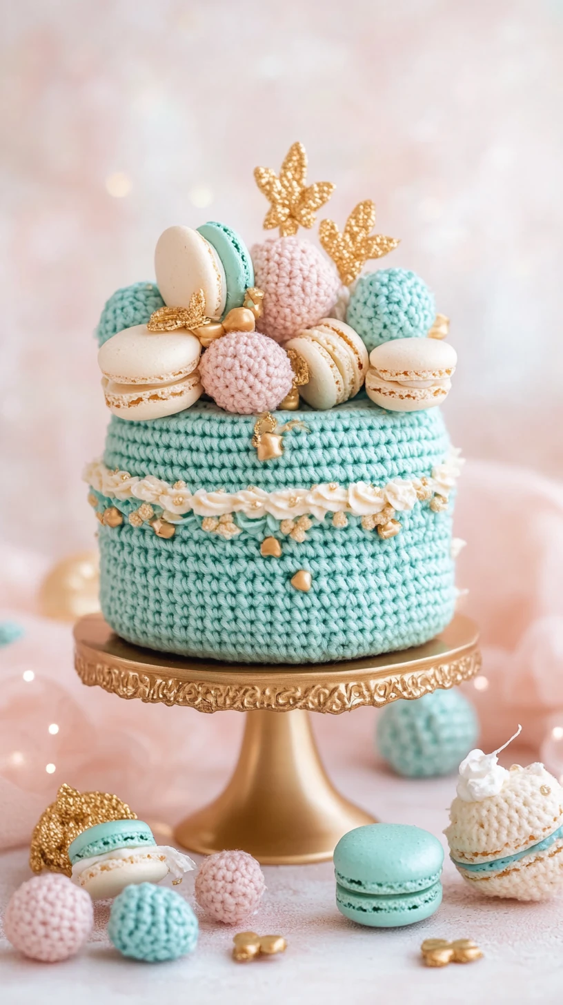 Pastel amigurumi de macarons turquesa sobre soporte dorado