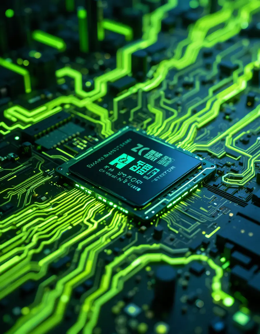Vista macro futuristica di processore su scheda a circuiti illuminata al neon