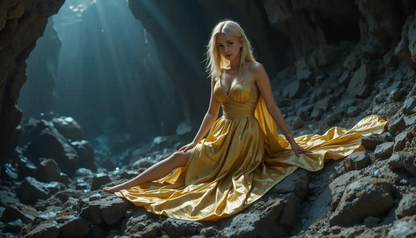 Young blonde woman in golden dress on wet canyon rocks