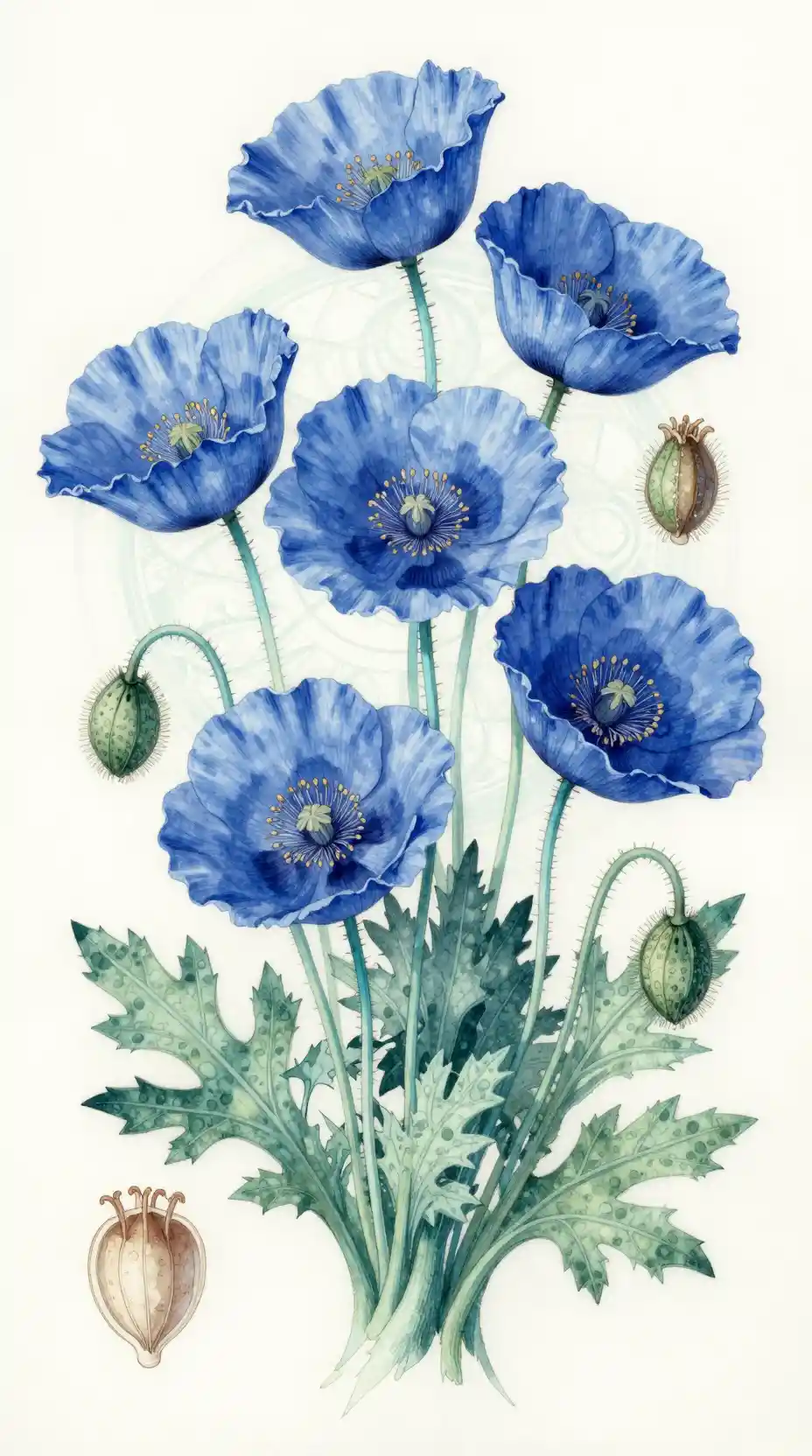 Botanical illustration of glowing blue poppy flowers on vellum