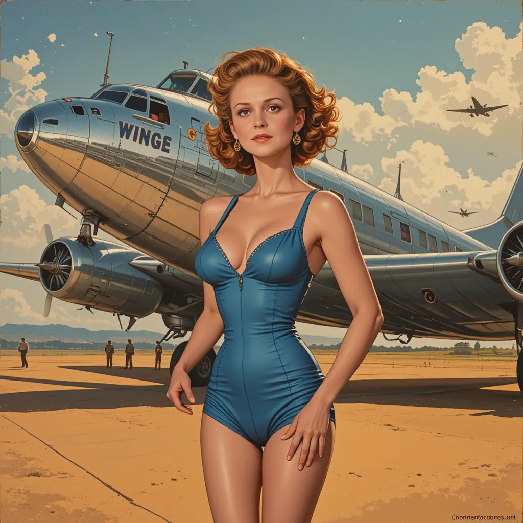 Vintage pin up storyboard with silver airplane on airfield