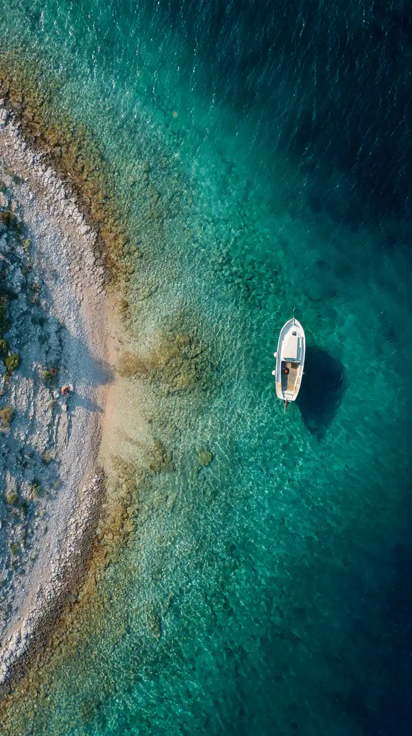 Overhead view of a calm Croatian coastal bay with boat