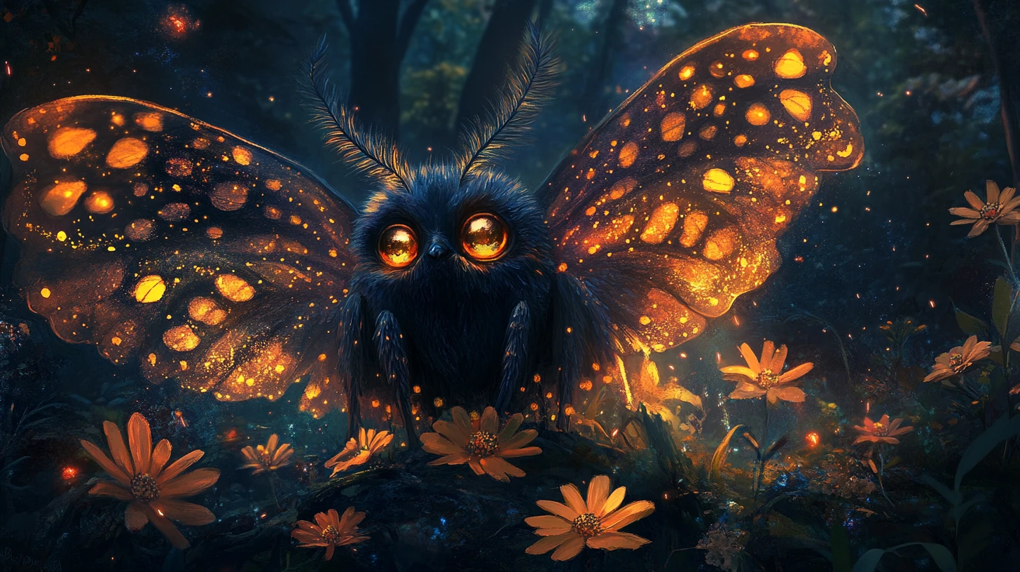 Criatura de mariposa fofa com olhos brilhantes entre flores noturnas