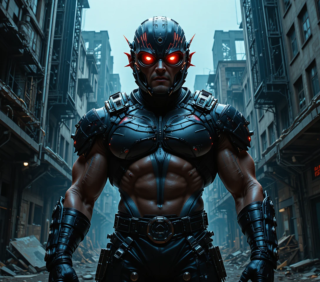 Cyberpunk armored warrior with red glowing eyes in darkness