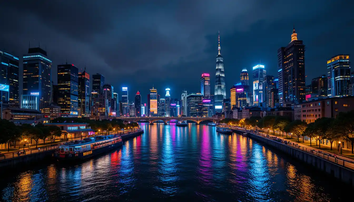Vibrant neon city skyline reflecting on a dark river