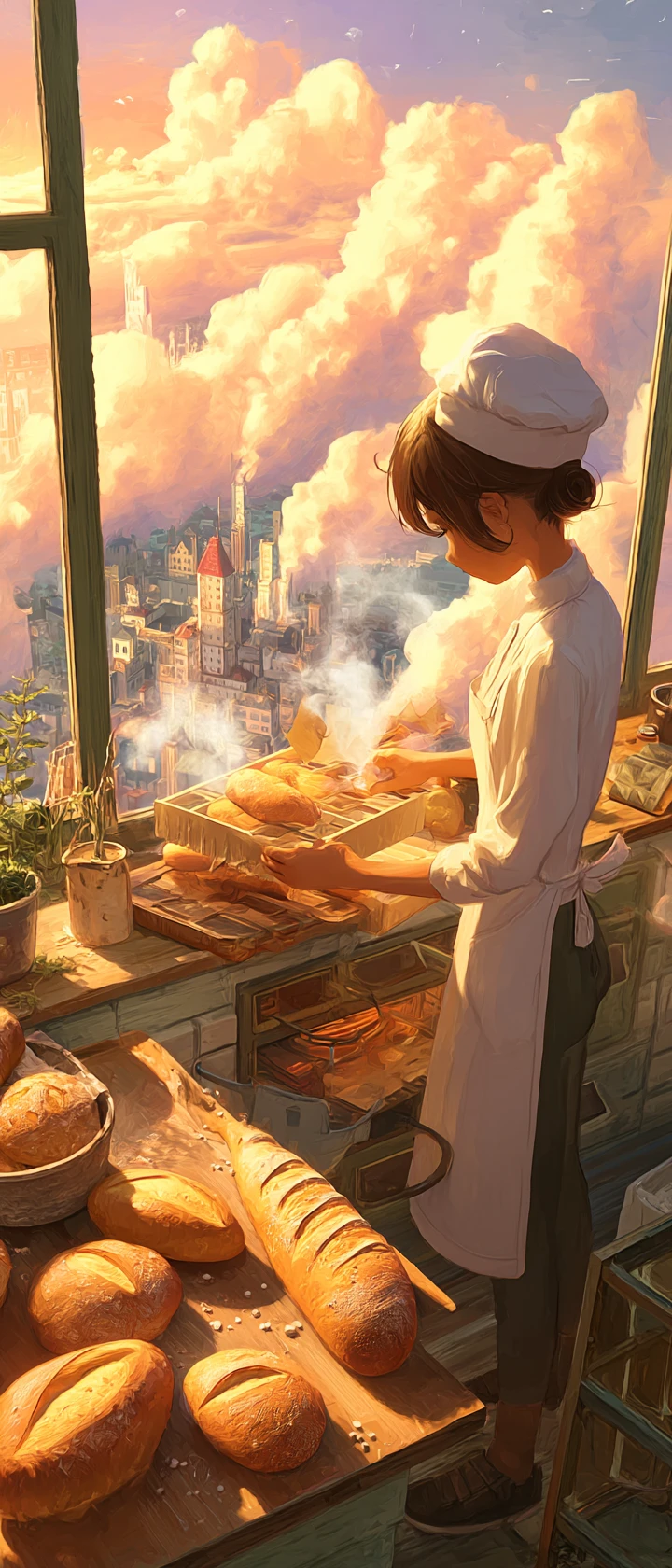 Panadero de anime sacando pan recién hecho mientras el vapor se vuelve ciudades de ensueño