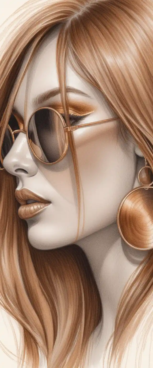 Elegante illustrazione di moda di una donna di profilo con occhiali da sole dorati