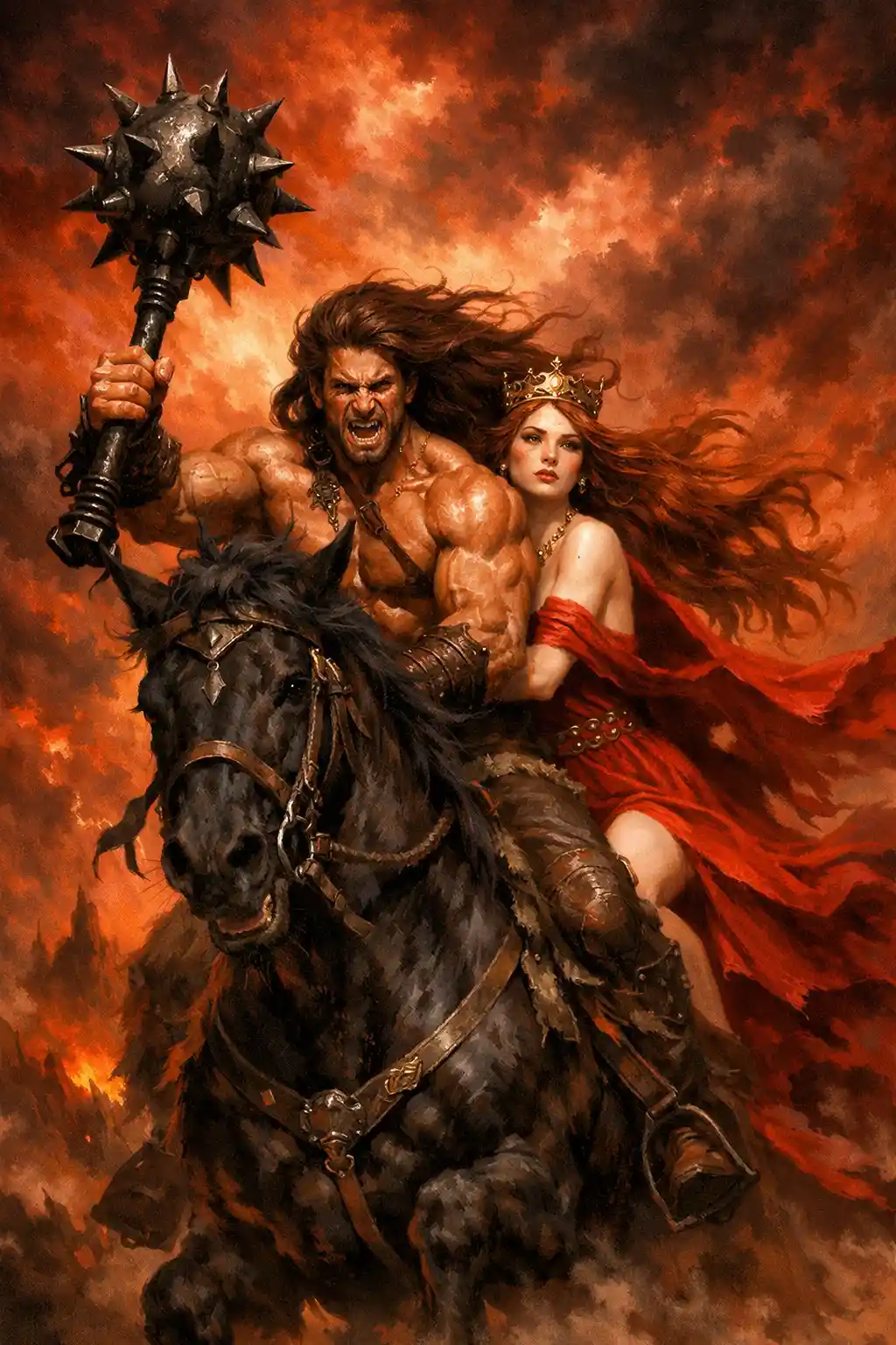 Warrior on horseback with queen under a fiery storm sky
