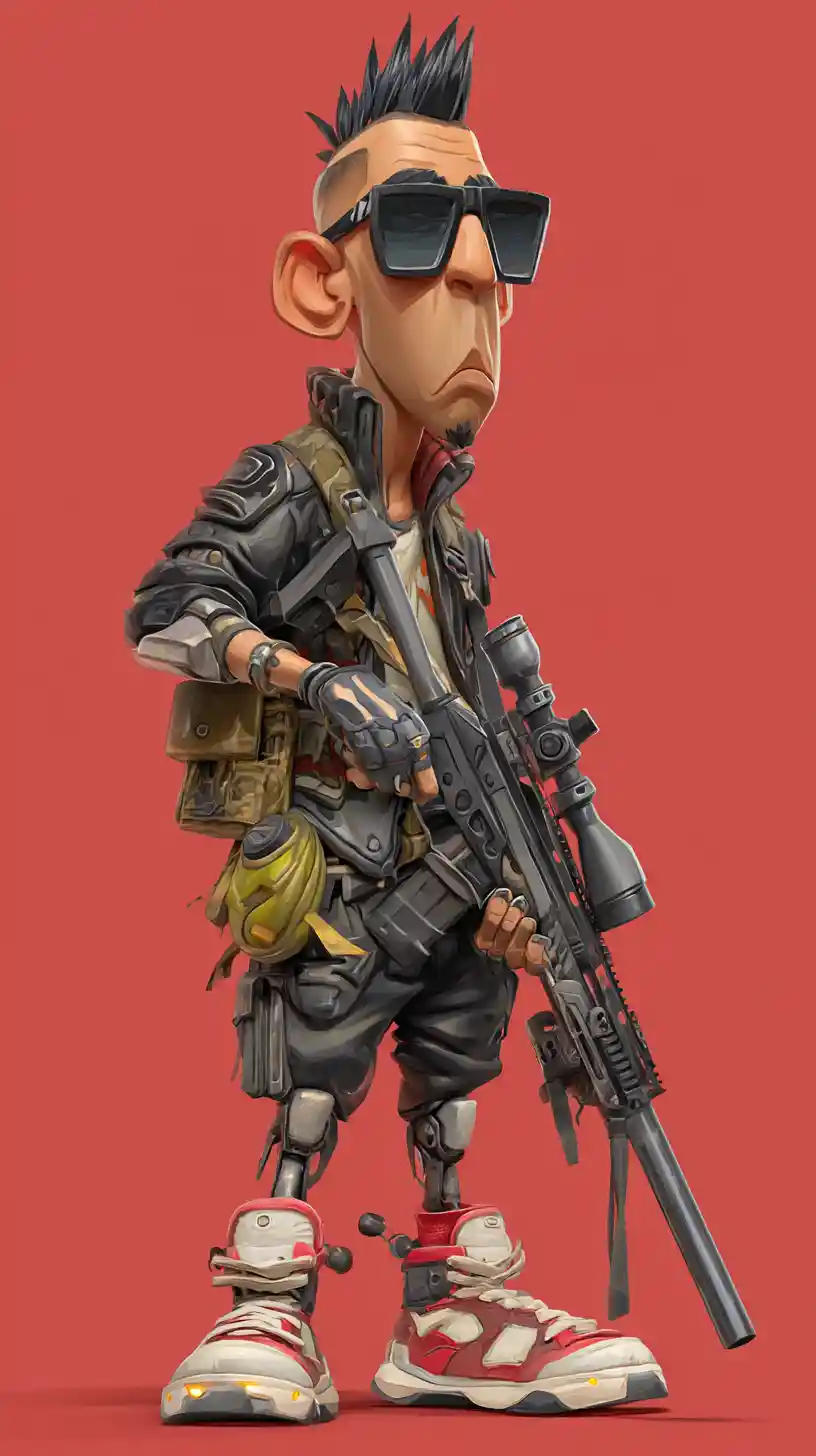 Cyberpunk cyborg sniper woman in a dynamic full body pose